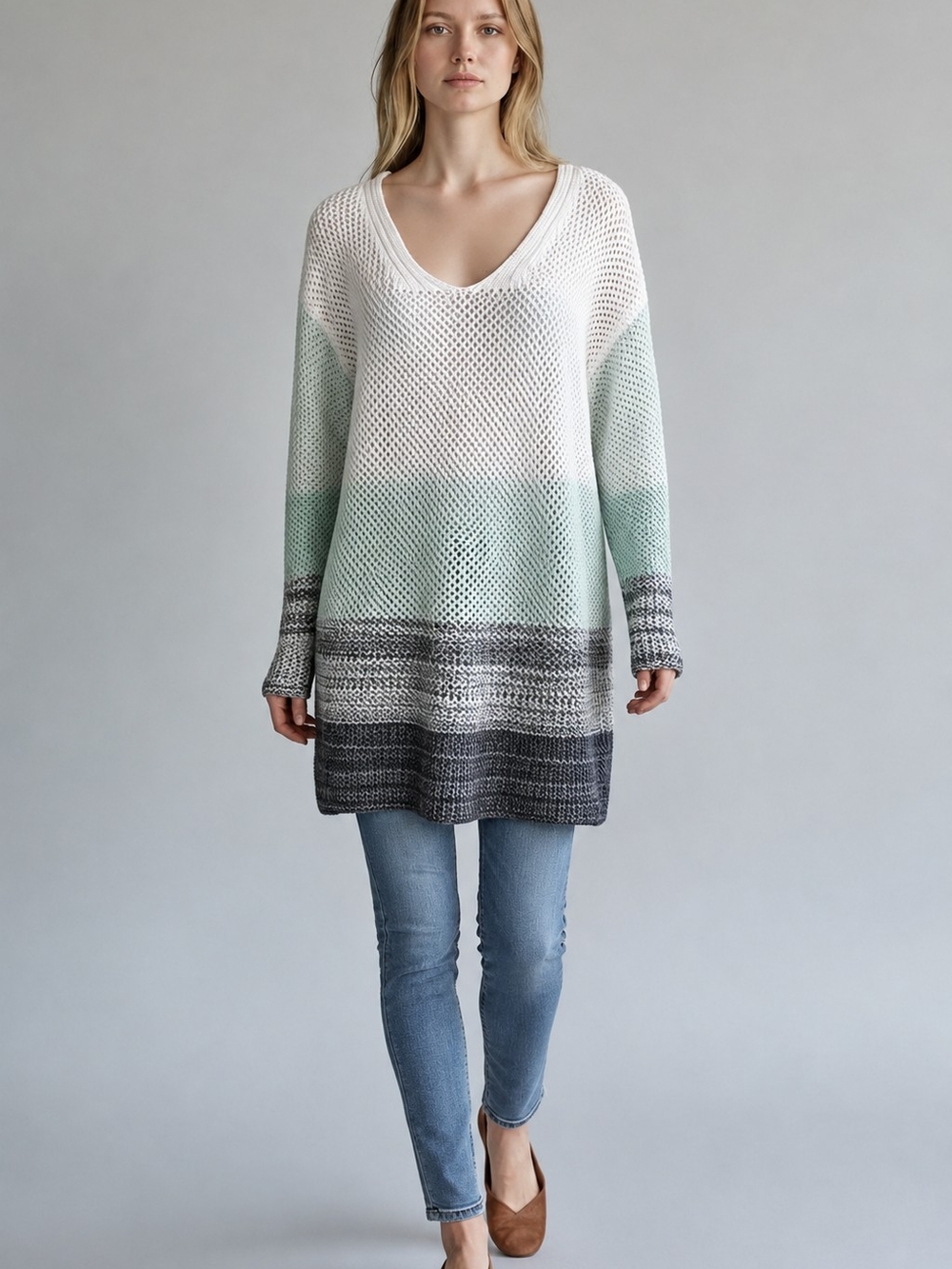 Cotton Country Women’s L Open Knit Tunic Sweater Ombre V Neck 100% Cotton Canada